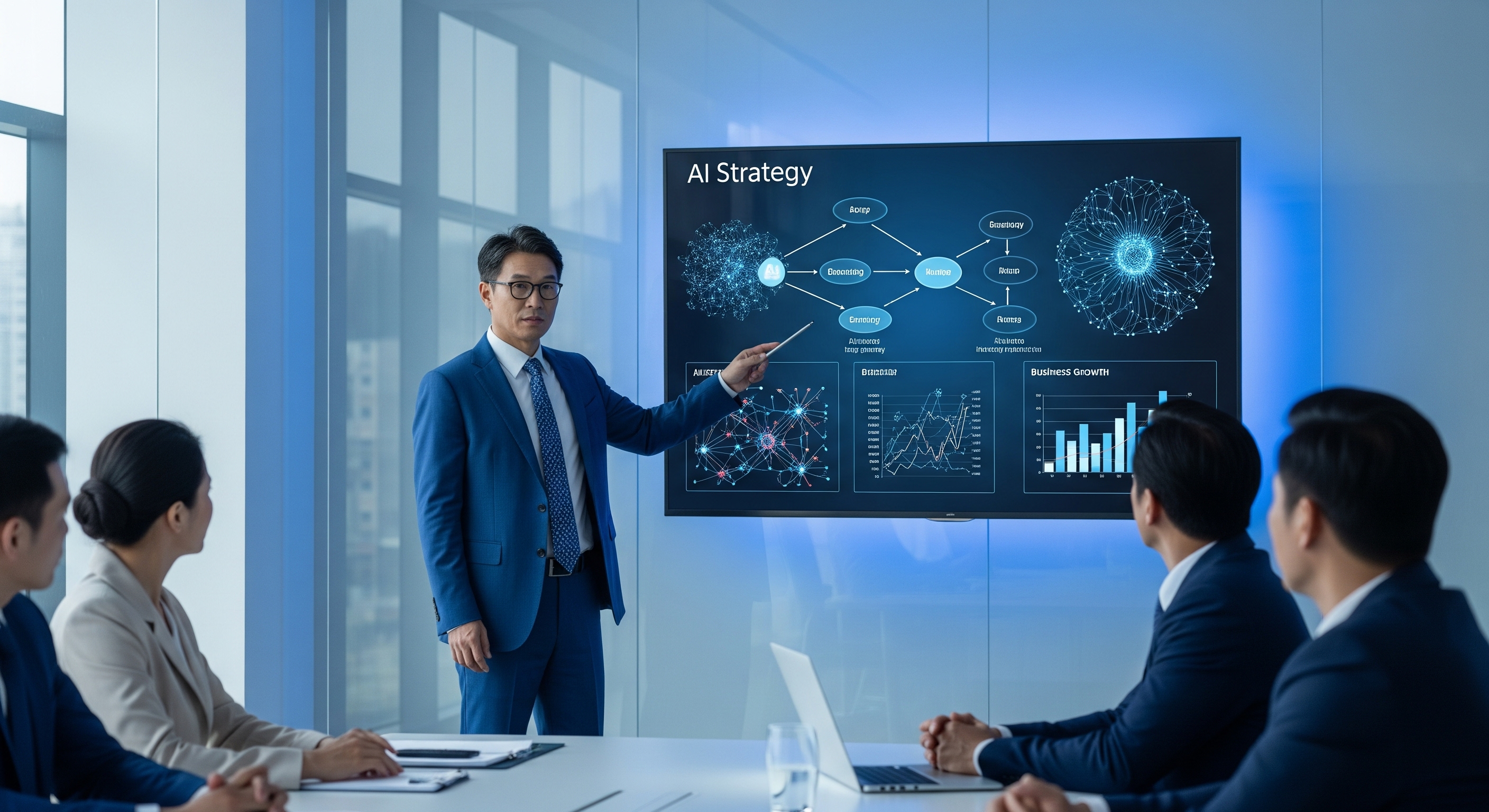 Professional AI consultant presenting strategy to executives with AI neural network diagrams and business analytics on large screen