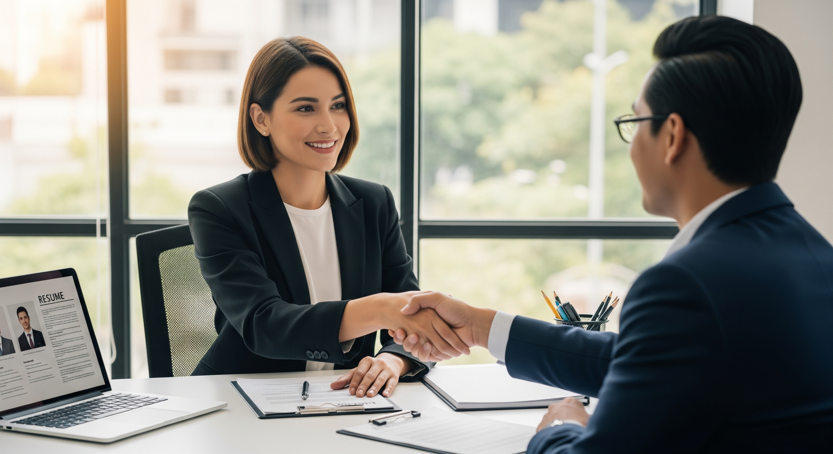 Professional handshake between recruiter and candidate in modern office with resume visible on laptop